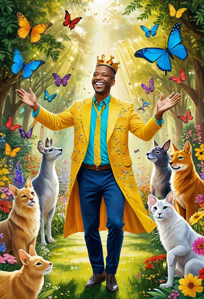 A whimsical, golden-crowned king with a broad smile, dancing joyfully in a lush, vibrant garden filled with colorful flowers and cheerful animals. Surround him with light beams and sparkling confetti that symbolize positivity and exuberance. Include elements like a sun with a smiling face and playful butterflies soaring around. Painting style with bright, vivid colors.