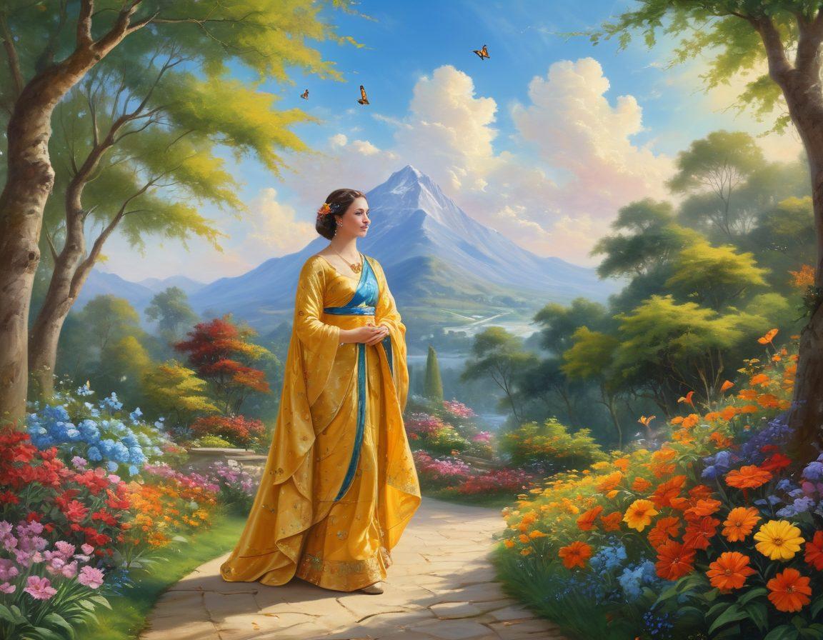 A majestic ruler standing on the path of a lush green garden, surrounded by vibrant flowers representing joy and satisfaction. The ruler, clad in royal attire, smiles confidently, symbolizing positivity and leadership. A radiant sun shines down, casting a warm glow over the scene, with butterflies fluttering about to enhance the feeling of happiness. The background features a clear blue sky with soft clouds, embodying freedom and serenity. painting. vibrant colors. soft focus.