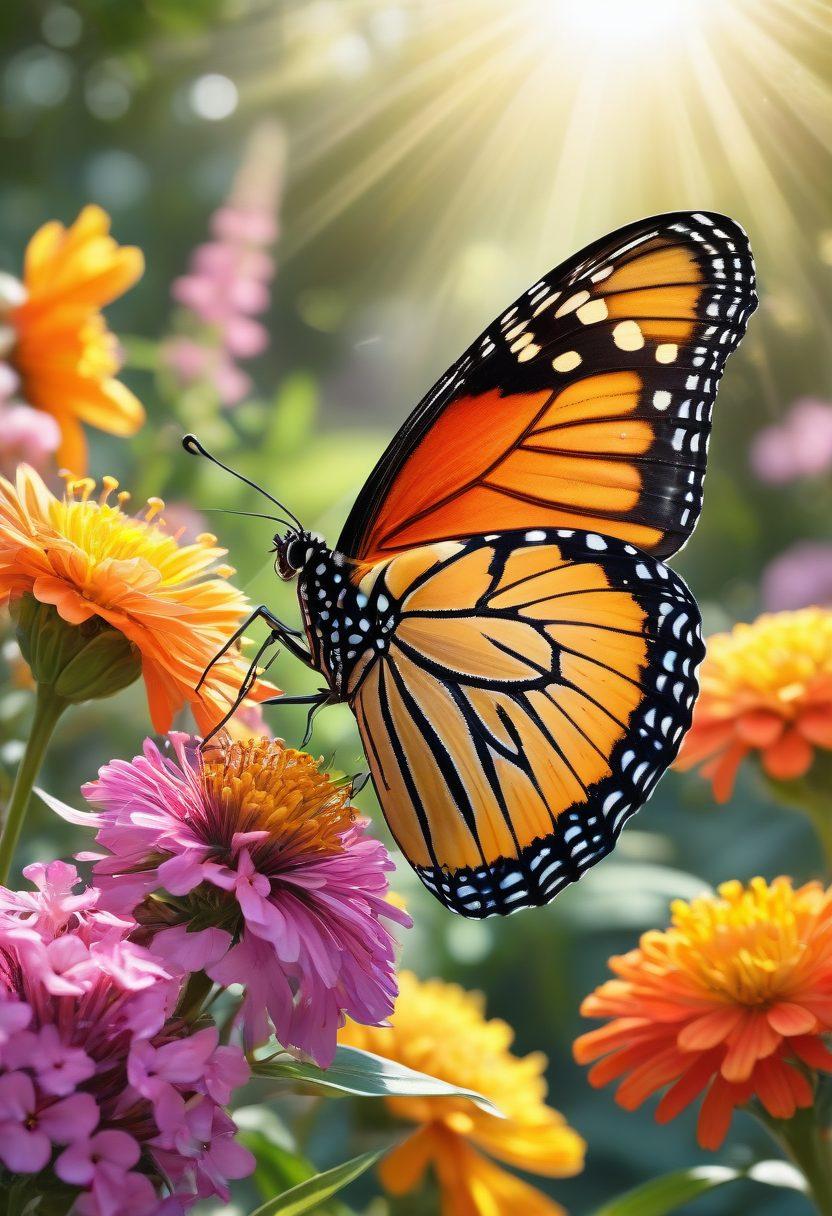 A majestic monarch butterfly perched delicately on a blooming flower, embodying vibrancy and joy. The background features a sunlit garden filled with colorful blooms, symbolizing growth and positivity. Soft beams of sunlight illuminate the scene, emphasizing a sense of tranquility and cheer. The butterfly's wings are adorned with intricate patterns, representing the exuberant spirit of cheerfulness. super-realistic. vibrant colors. 3D.